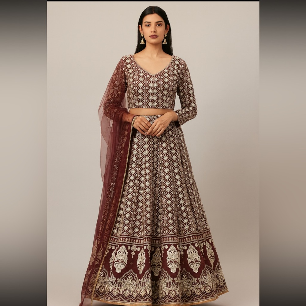 Elegant Maroon and Gold Embroidered Dress